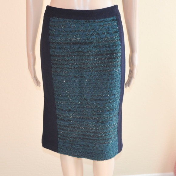 TORY BURCH ‘Keegan’ Navy Blue & Green Boucle Flared Hem Pencil Skirt NWT - Picture 2 of 8